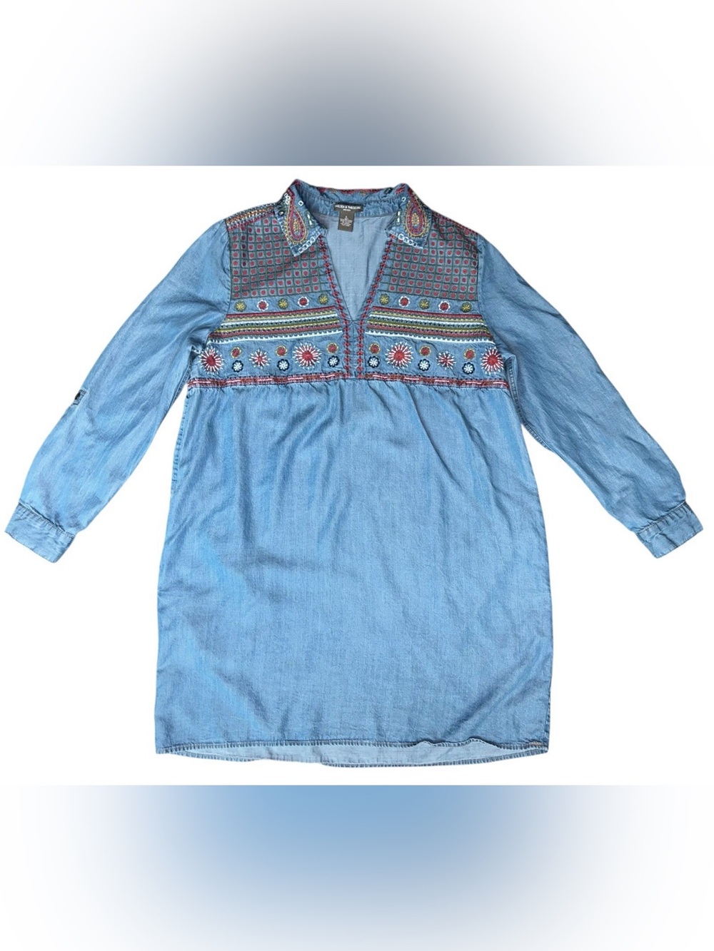 Chelsea and Theodore Denim Embroidered Tunic Pocket Dress Long Sleeves Sz LARGE